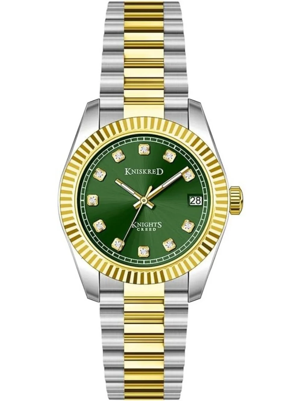 Women's Silver Green Crystal Accented Dial Solid Stainless Steel Band Wristwatch